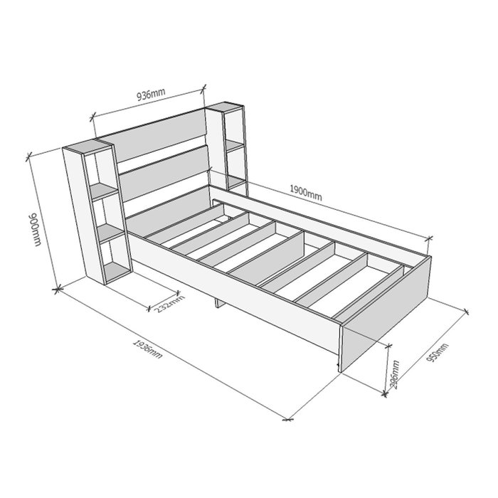 Hanah Home Cama Individual Blanca Tablero Partículas Melamina, Cabecero 93.6x90cm, Estanterías 23.2x90cm, para Colchón 90x190cm, 148 Caracteres